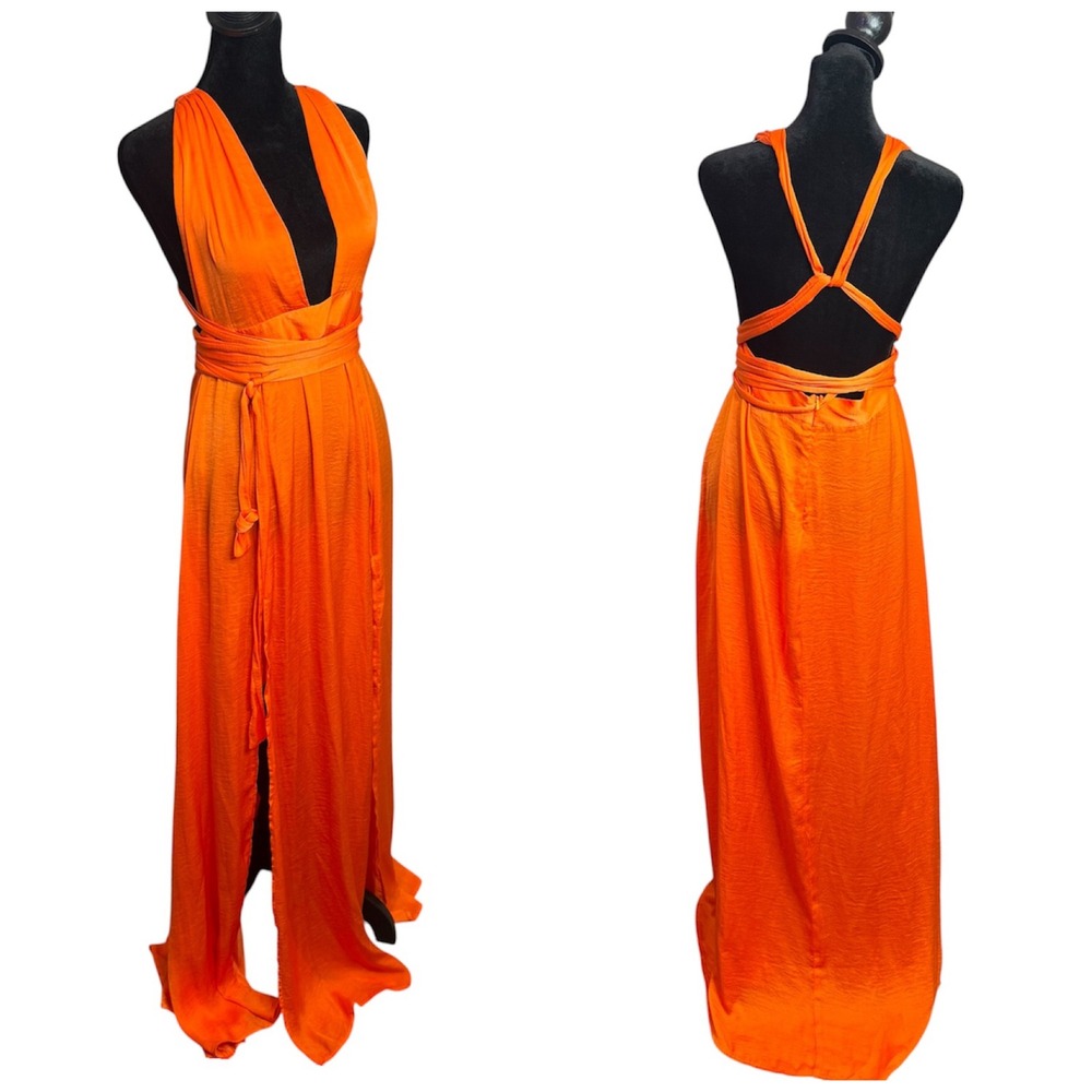 Hello Molly Thigh High Split Maxi Dress Womens 8 Orange Plunging Neckline